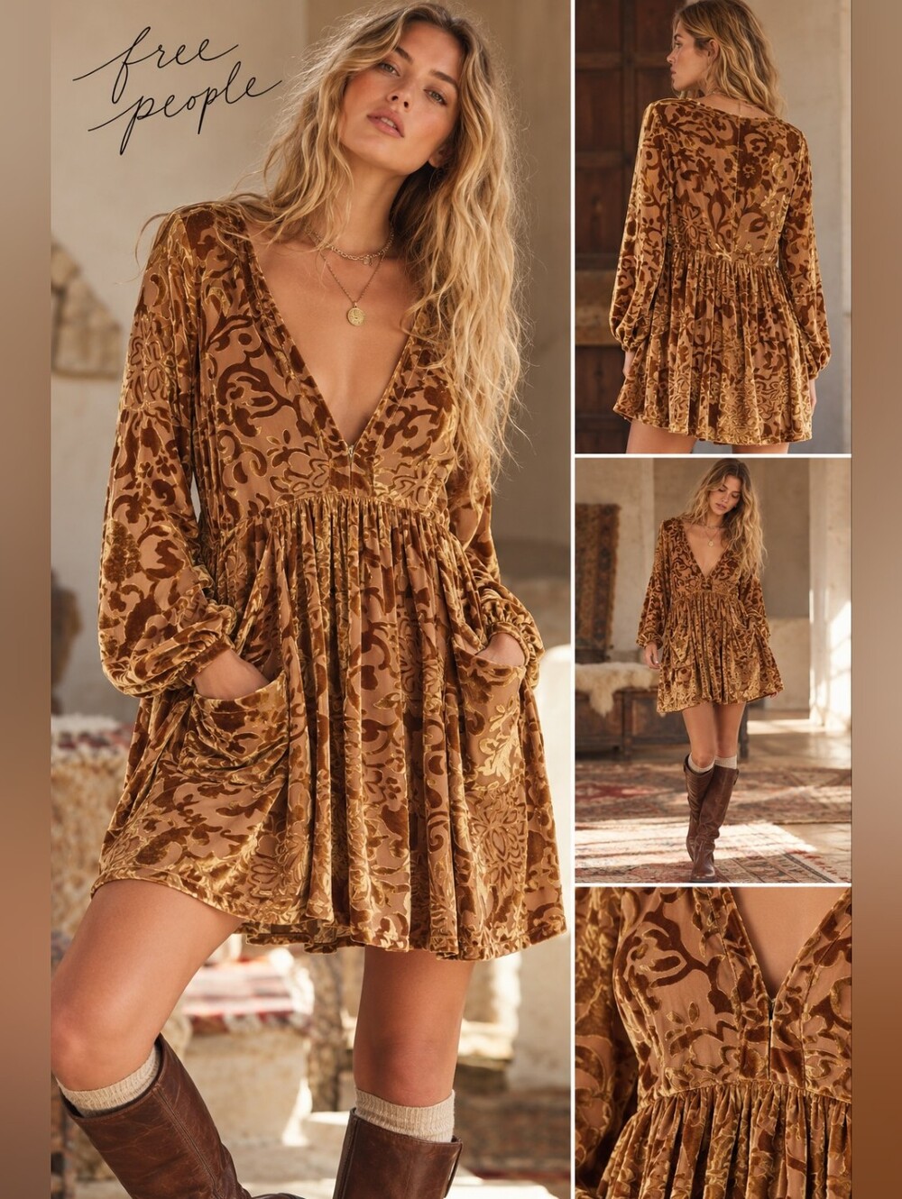 All Night Long Free People Gold Brown Burnout Velvet Boho Mini Dress Xs